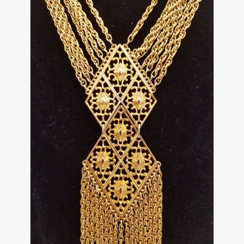 Vtg 70s Gold Chain Fringe Pendant Necklace - Picture 4 of 7
